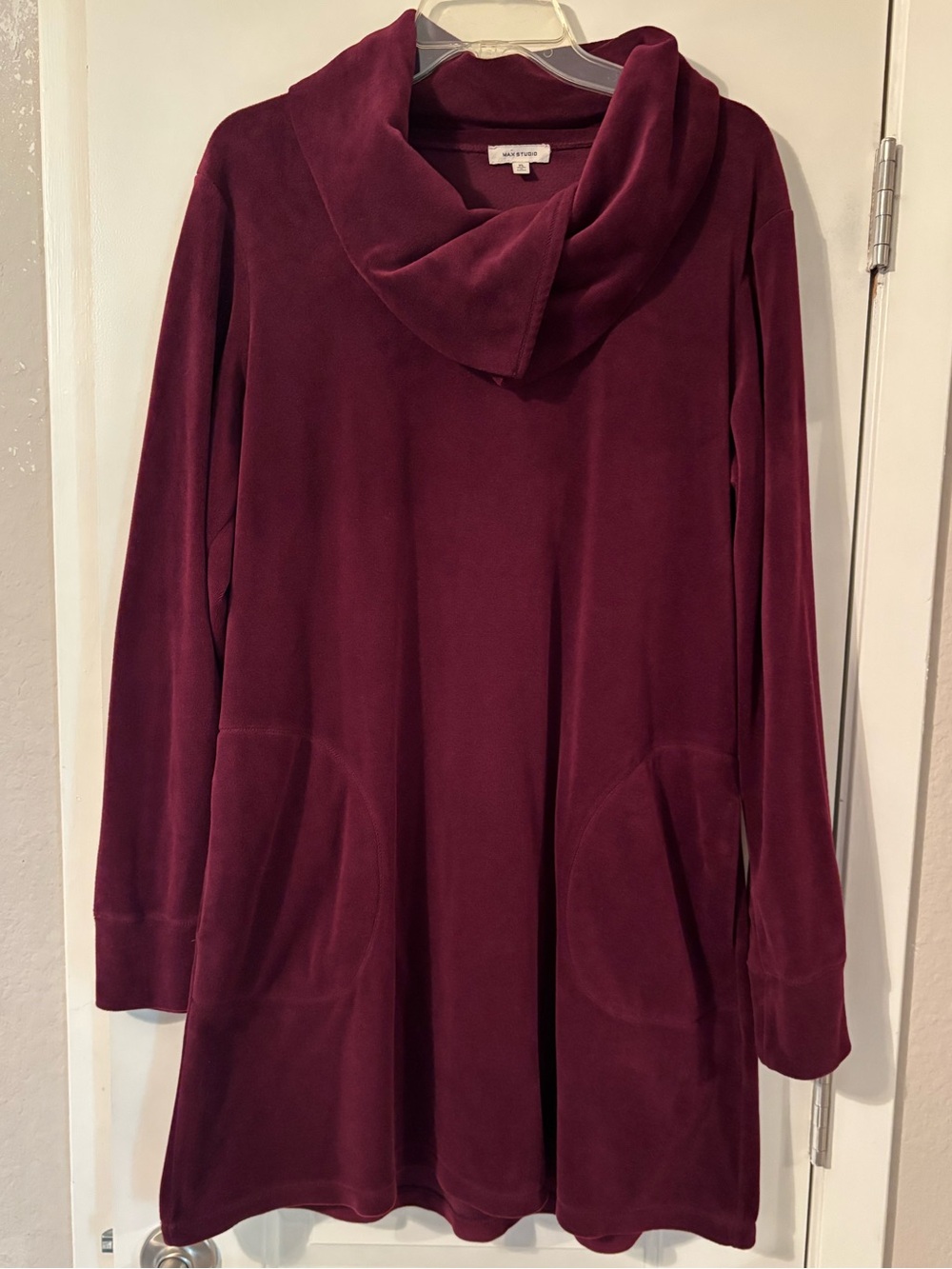 Max Studio Burgundy cowl collar velour tunic